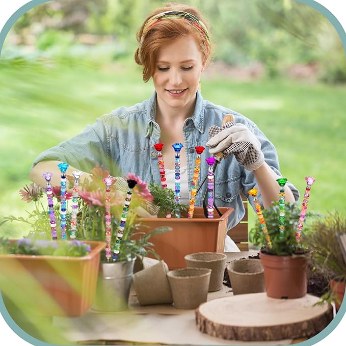 Tigeen 236 Pcs Garden Stake DIY Fairy Wand Plant Stake with 12 Colorful Crystal Stopper Top 12 Threaded Rod with 200 Large Hole Bead for Spring Summer Holiday Outdoor Decorations(Rose Flower)