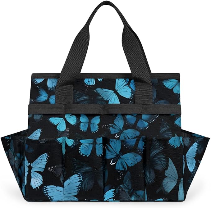 Butterfly Blue Gardening Tool Bag,Heavy Duty Garden Tote Bag,Portable Oxford Gardening Storage Basket Organizer Handbag with Pockets Handle,Hand Tools Gifts for Outdoor Garden Lawn Yard