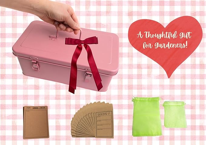 Seed Storage Organizer –Waterproof Metal Seed Box with Storage Bags, Dividers, 4 Compartments with Lid and Safety Locks , Portable Side Handles, Perfect for Garden Seeds, Lables & Tools -Matte Pink