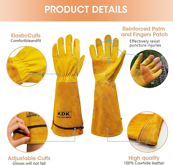 Long Cowhide Gardening Gloves for Women Men, Thorn Proof Garden Gloves for Rose Pruning, Cactus Heavy Duty Gauntlet