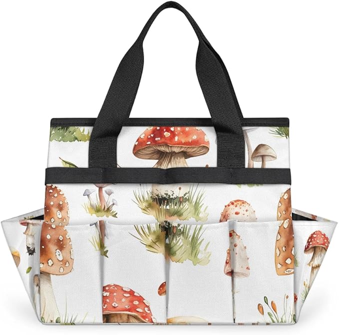 Garden Tool Bag Organizer Garden Tote Bag with Pockets Types of Mushrooms Tool Storage Organizer Gardening Tool Kit Holder 13" x 6.8" x 2.8"