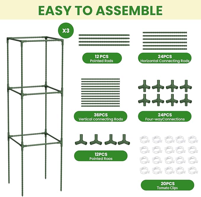 3 Pack Tomato Cage, 47.2” Tall Plant Support Trellis for Tomatoes & Climbing Vegetables, Heavy Duty Garden Tomato Stakes for Raised Beds - Extra-Thick Stakes