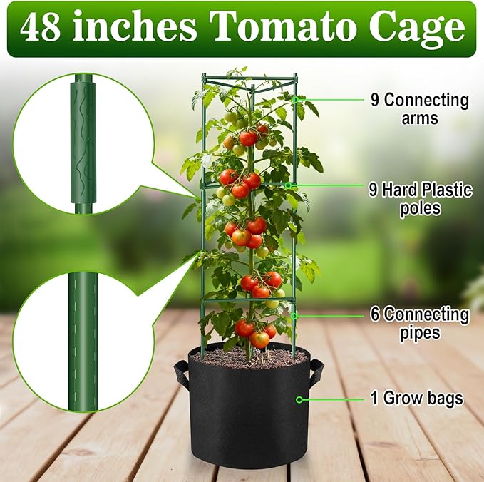 NNG 2 Packs 48 inches Tomato Cages with 10 Gallon Grow Bags,Garden Plant Support Cages,Plant Tower Stakes Garden Trellis for Climbing Plants,Tomato Plant Trellis for Vegetable Fruits Vines