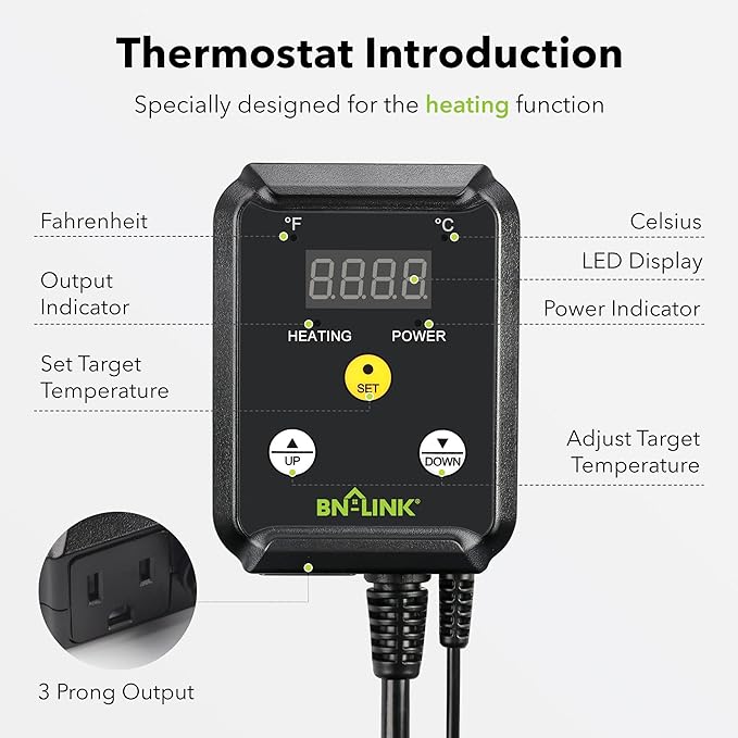 BN-LINK Reptile Thermostat Controller and 2 Pack Heat Mat for Seed Germination, Reptiles and Brewing Breeding Incubation Greenhouse
