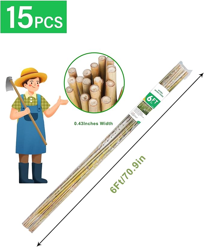 6ft Natural Bamboo Plant Stakes for Tomatoes, Beans, Flowers, Potted, Climbing Plants 15pcs