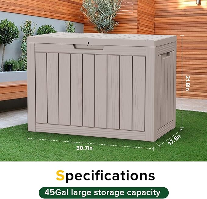 45 Gallon Deck Box,Resin Outdoor Storage Box with Lockable for Patio Furniture, Pool Accessories, Garden Tools Waterproof Outside Storage Box (Black)