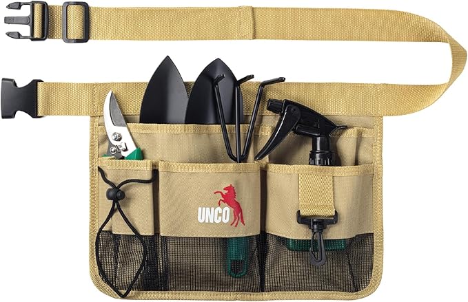 UNCO- Adjustable Gardening Belt, Khaki, 7 Pockets, Wear, Cut and Water Resistant, Garden Tool Belt Pouch, Waist Apron with Pockets