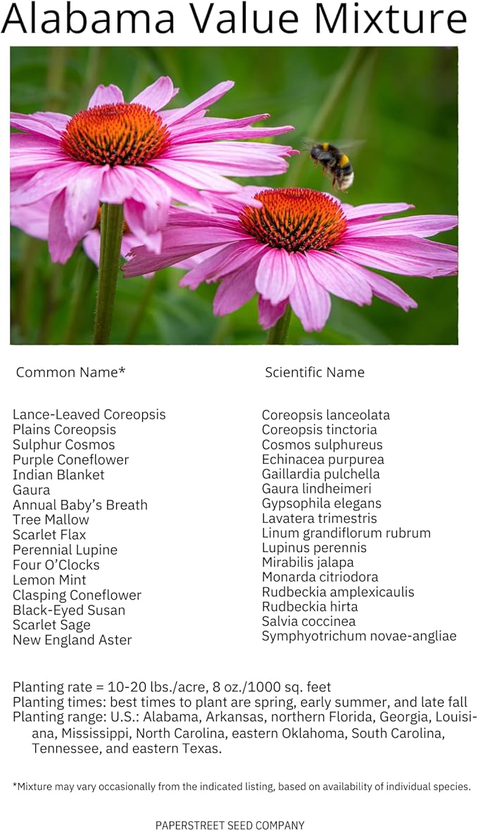 Alabama Bulk Perennial Wildflower Seed Mix 1lb Covers 2,000sq-ft - Attract Pollinators, Multi-Color Blooms - Southeast US Species Plant in Spring/Fall, Earth-Friendly Packaging (1 Pound)