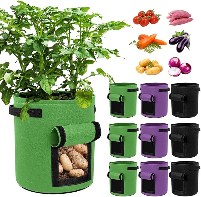 15 Gallon Potato Grow Bags, 9 Pack Grow Bags with Flap Garden Planting Bag with Handles, Thickened Nonwoven Fabric Pots for Fruit Vegetable Flowers, 3 Color