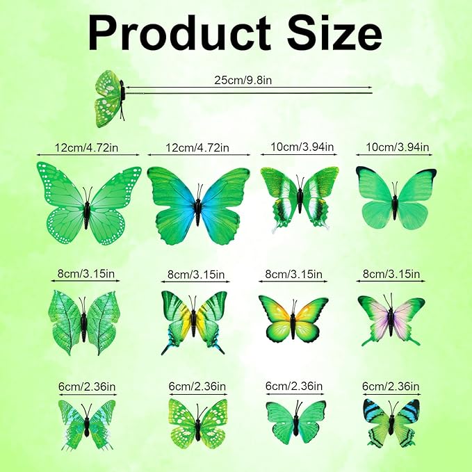 12pcs Decorative Butterfly Plant Stakes, 9.8in Lifelike Butterfly Garden Stakes PVC Waterproof Flower Pot Decorations for Garden Lawn Patio Indoor Outdoor Yard Planter Art Decor (Green)
