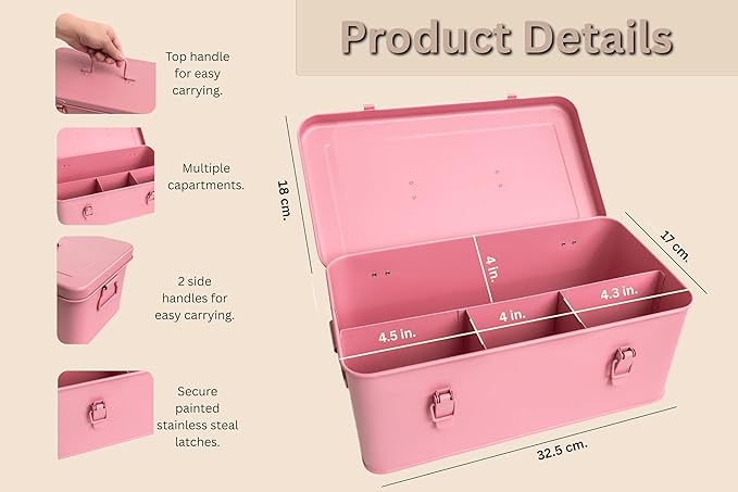 Seed Storage Organizer –Waterproof Metal Seed Box with Storage Bags, Dividers, 4 Compartments with Lid and Safety Locks , Portable Side Handles, Perfect for Garden Seeds, Lables & Tools -Matte Pink