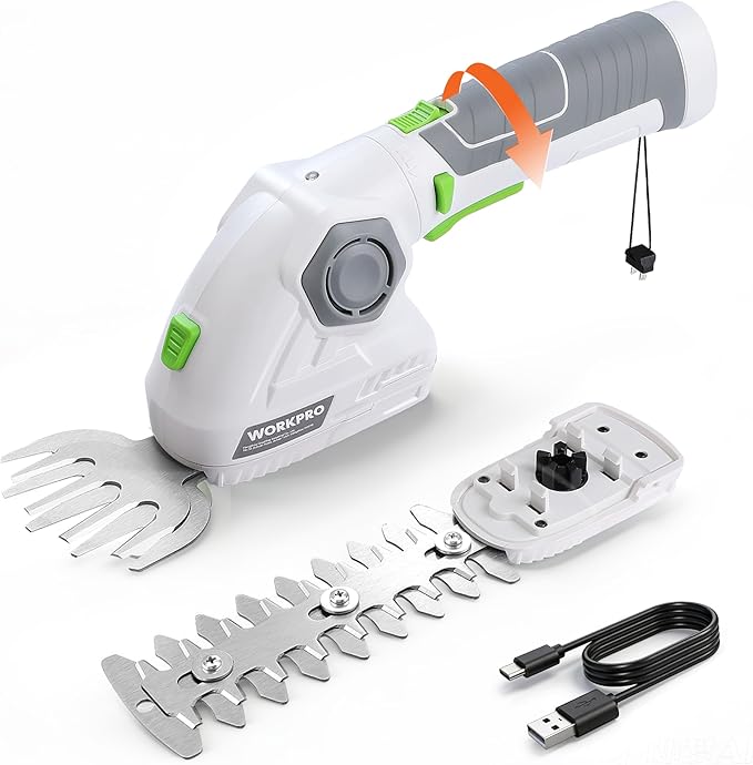 WORKPRO Cordless Grass Shear & Shrubbery Trimmer - 2 in 1 Handheld Hedge Trimmer 7.2V Electric Grass Trimmer Hedge Shears/Grass Cutter 2.0Ah Rechargeable Lithium-Ion Battery and USB Cable Included