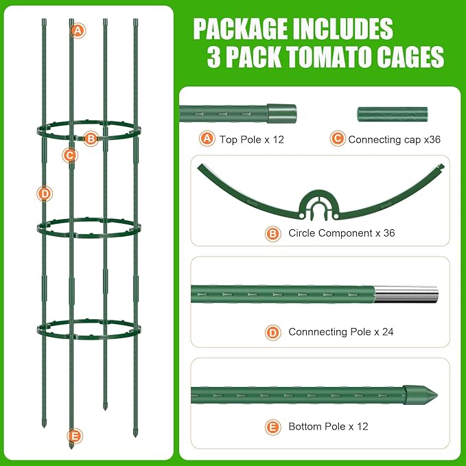 POILKMNI 3 Pack Tomato Cage for Garden - 59'' Tall Plant Support Heavy-Duty Tomato Trellis, Adjustable Garden Trellis for Climbing Plants Vines Vegetables Flowers Cucumber Peony Plant Cage