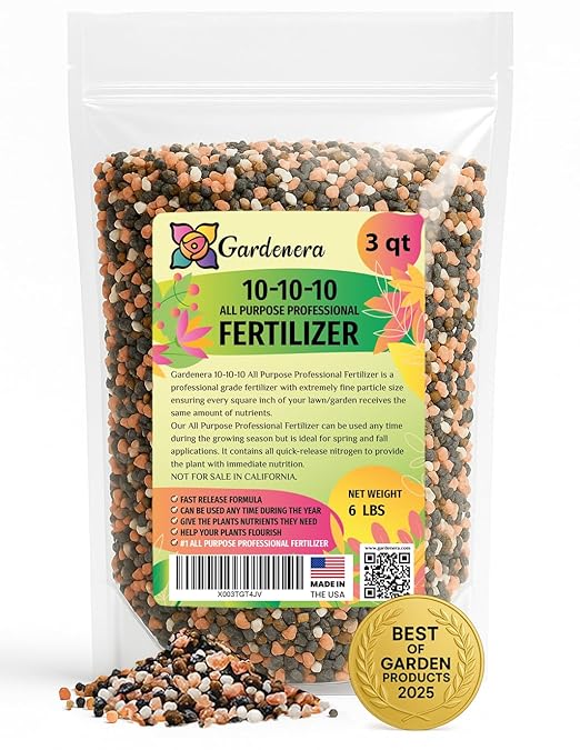 Professional 10-10-10 All-Purpose Soil Fertilizer by Gardenera - Ideal for Flowers, Plants, Vegetables, Fruit Trees and Lawns - 3 Quarts