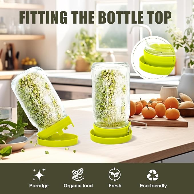 Wide Mouth Mason Jar Sprouting Kit with Sprouting Lids and Drainage Tray - Ideal for Bean, Alfalfa Sprouts and Microgreens, Vertical and Angled Placement Support(Two lids and two drip trays)