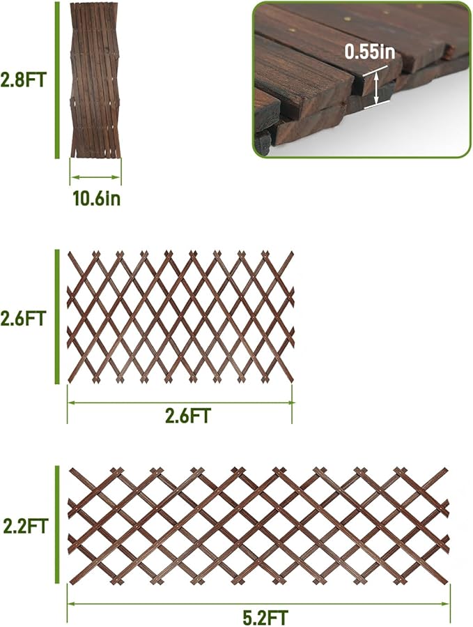 2 Pack Expandable Wooden Lattice Fence Panel, 2.2 x 5.2 Ft Wood Garden Trellis for Climbing Plants, Outdoor Privacy Fence Wall for Ivy Rose Vine, Patio Yard Balcony Decor