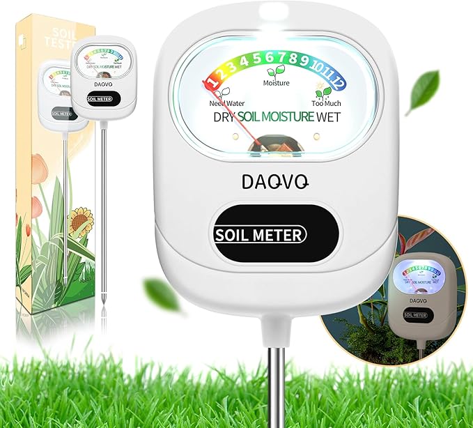 Soil Moisture Meter, Moisture Meter for Plants with Large Screen, Soil Hygrometer & Soil Test Kit with Light, Essential Garden Tools for Indoor Outdoor House Plants, Garden, Lawn Care-White