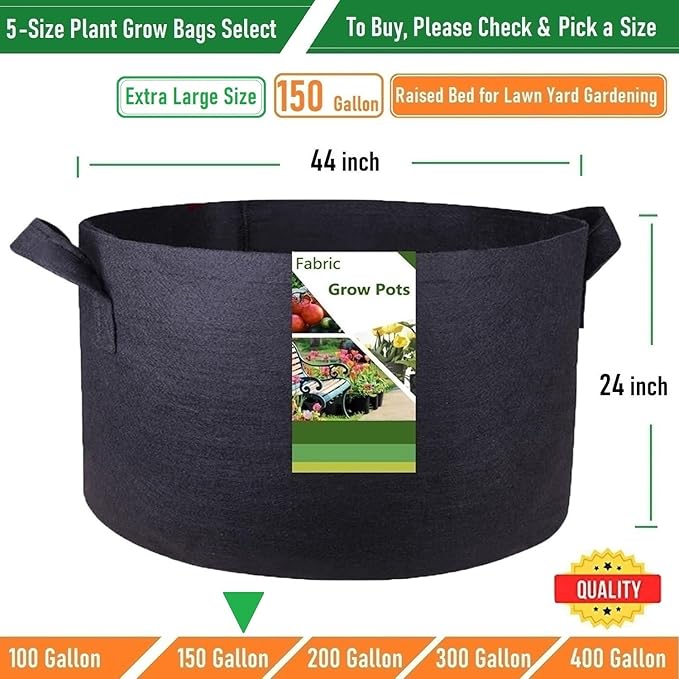150 Gallon Big Raised Garden Bed Bag (44x24 inch) Large Plant Grow Bag for Potato,Tomato Planter,Herbs Veggies Planter,Flower Bed,Plant Container,Yard Waste,Lawn Debris,Leaf Bag with Gardening Gloves