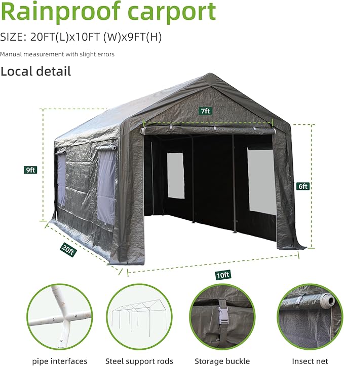 Car Ports, 10X20 Ft Heavy-Duty Carports with Roll-Up Windows, Portable Garages with Removable Side Walls and Doors, Trucks and Cars with All-Season Waterproof Pe Tarps