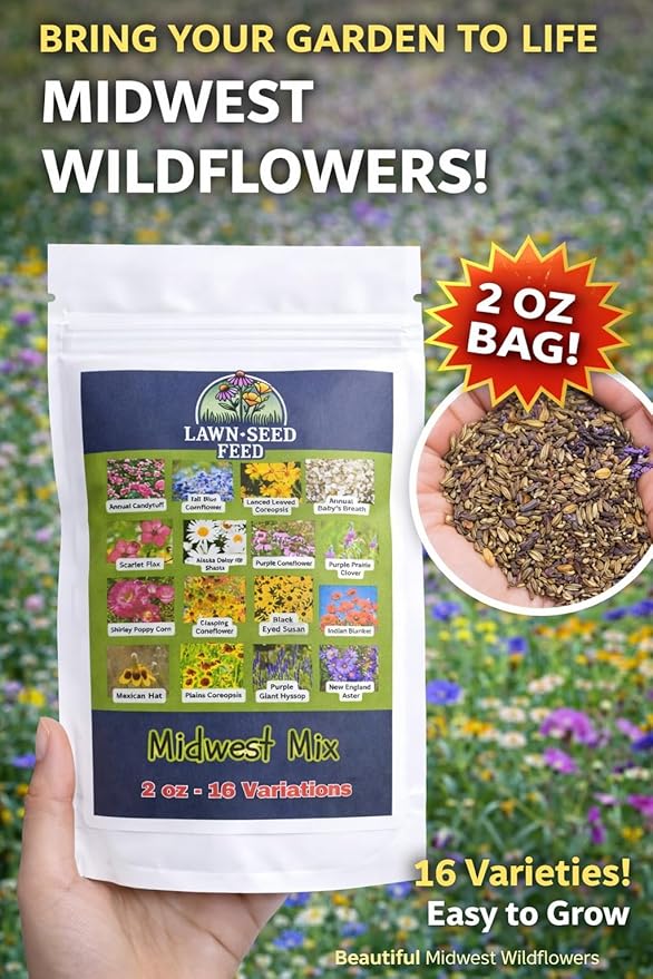 Midwest Mix (2oz) Brings Your Garden to Life with Native Wildflowers for Midwest climates. Easy to Grow, Drought-Resistant, and pollinator-Friendly—just Plant, Water, and Enjoy!