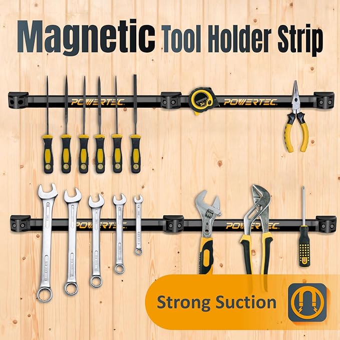 POWERTEC Magnetic Tool Holder Strip 12" 8PK, Metal Magnet Tool Bar Organizers for Garage, Workshop & Kitchen w/Mounting Screws, Space Saving Shop Organization Accessories (71965-P2)