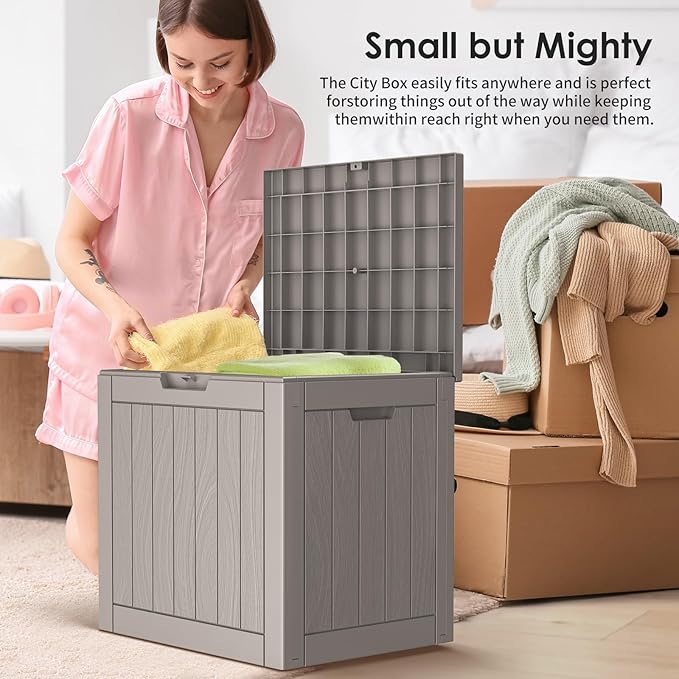 Vixzen 30 Gallon Resin Deck Box - Lockable Outdoor Storage for Patio Cushions, Garden Tools, Pool Supplies（Grey，30 Gallon）