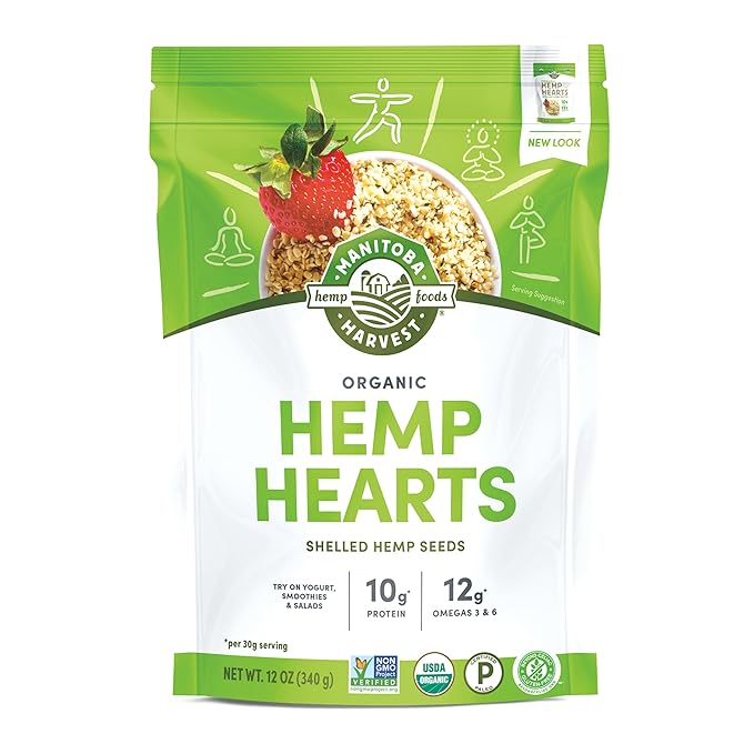 Manitoba Harvest Organic Hemp Hearts, 12oz, 10g Plant Based Protein and 12g Omega 3 & 6 per Srv, Smoothies, yogurt & salad, Non-GMO, Vegan, Keto, Paleo, Gluten Free
