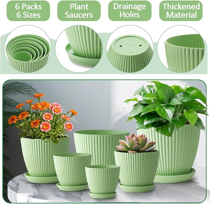 RooTrimmer 7.5/6.5/5.5/4.9/4.2/3.5 Inch Plant Pots with Saucers & Drain Holes - Indoor/Outdoor Flower Pots for Succulents, Herbs, Cactus - Modern Lightweight Durable Planter Set, Green