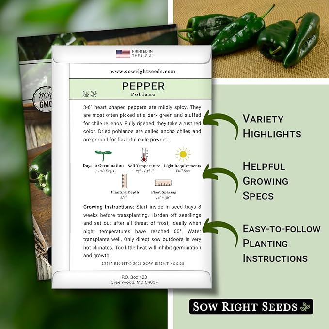 Sow Right Seeds - Poblano Pepper Seeds for Planting - Non-GMO Heirloom Packet with Instructions to Plant a Home Vegetable Garden - Hot Ancho Chile Variety to Grow, Spicy and Abundant (1)