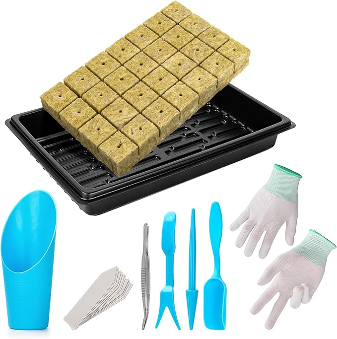 Seed Starter Kit - 28 PCS 1.5 in Rockwool Cubes & 1 Pack Reusable Seedling Starter Tray with Gloves/Transplanting Devices/Iron Tweezer/Labels for Cuttings Propagation Plant Clone
