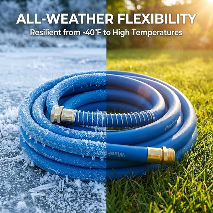 WiseFlow Garden Hose 25FT x 3/4", Heavy Duty Rubber Hose, Water Hose with Five Layered Braiding, Male Female Fittings, 1000PSI Burst, 300PSI Working (Blue)