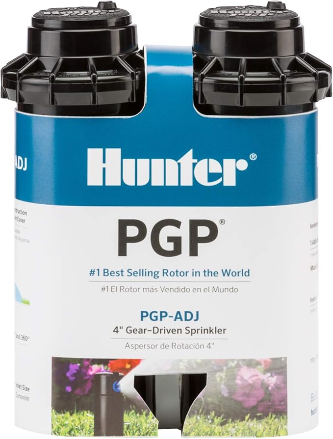 Hunter PGP-ADJ 3/4" Rotor Sprinkler, Adjustable 40°– 360° Arc, Gear Drive, 4" Pop Up Sprinkler, Lawn Irrigation Head, 22–52 ft Spray Distance, Preinstalled 3.0 GPM Nozzle, 2 Pack
