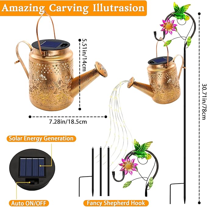 Big Solar Hummingbird Flower Watering Can Lights, Gift for Mom Grandma Women Wife Daughter Mother's Day, Waterproof Outdoor Garden Decor with Shepherd Hook, Hanging Light for Yard Porch Backyard Patio