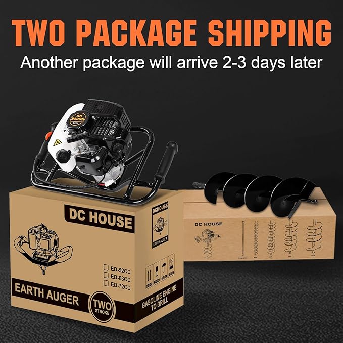 DC HOUSE Post Hole Digger, 52cc 1800W Gas Powered Earth Auger Earth Digger, Auger Post Hole Digger with Two Drill Bit 6" & 10" and Extension Rods, for Fence, Farmland and Garden, EPA Certified