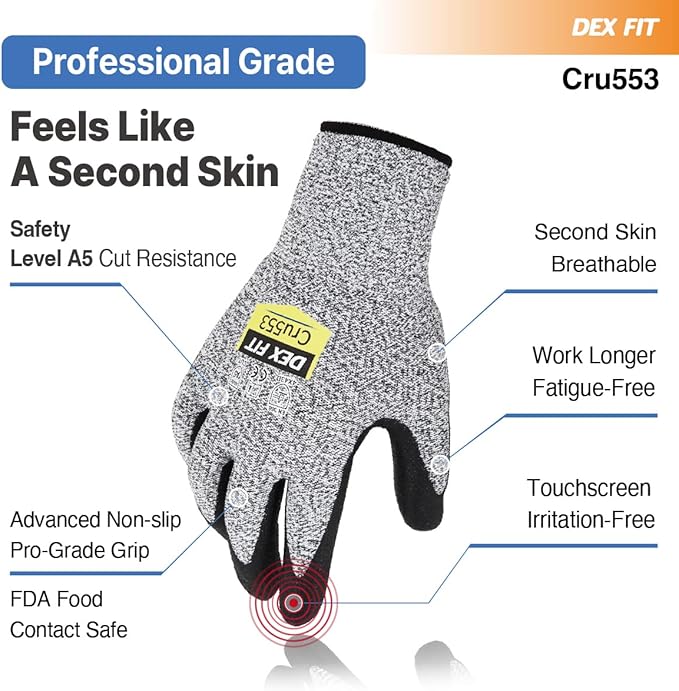 DEX FIT Level 5 Cut Resistant Gloves Cru553, 3D-Comfort Stretchy Fit, Power Grip, Professional Grade, Thin, Touch-Screen Compatible, Durable, Machine Washable; Black Grey S (7) 12 Pairs