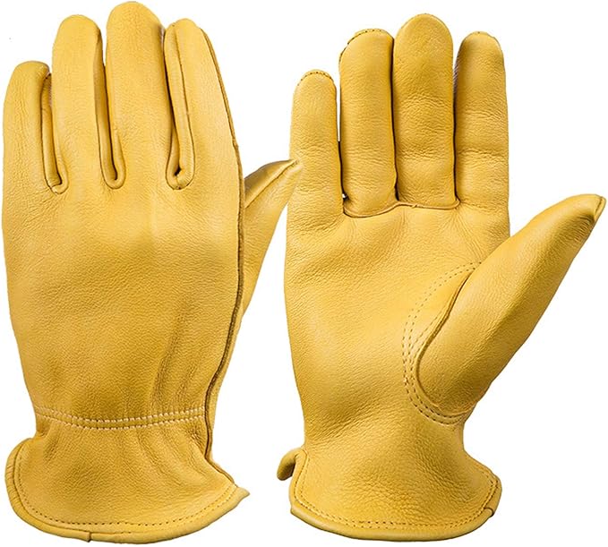 OZERO Leather Work Gloves: Mens Deerskin Gloves Soft Breathable Abrasion Resistant Gardening Firewood Glove - for Driving Riding Yardwork Ranch Farm Hunting Garage DIY for Men & Women (Gold,S)