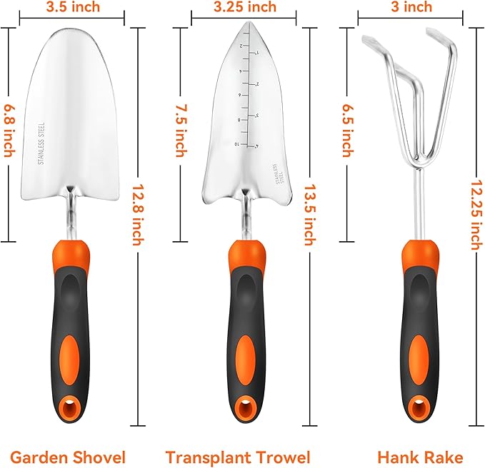 Garden Tool Set 3-in-1 with Heavy-Duty Trowel, Transplanter & Cultivator for Digging and Planting, Polished Cast-Aluminum Heads for Rust Resistance, Non-Slip SoftGrip Handles Reduce Fatigue