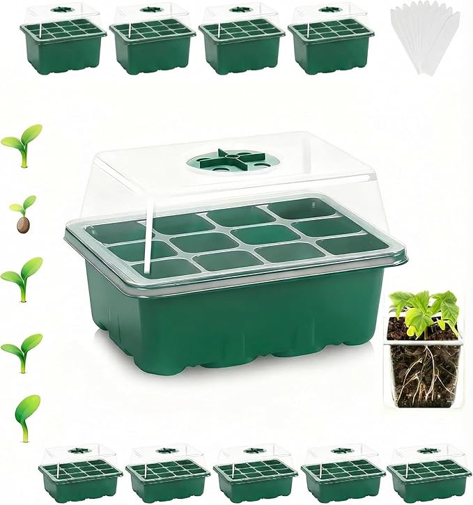 10 Packs Seed Starter Tray Seed Starter Kit with Humidity Dome (120 Cells Total Tray) Seed Starting Trays Plant Starter Kit and Base Mini Greenhouse Germination Kit for Seeds Growing Starting