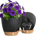 Self Watering Pots with Drainage Holes, 2 Pack 10 Inch Plant Pots with Water Level Indicator Deep Reservoir, Large Plastic Planter for Indoor Outdoor Plants - Black Brown