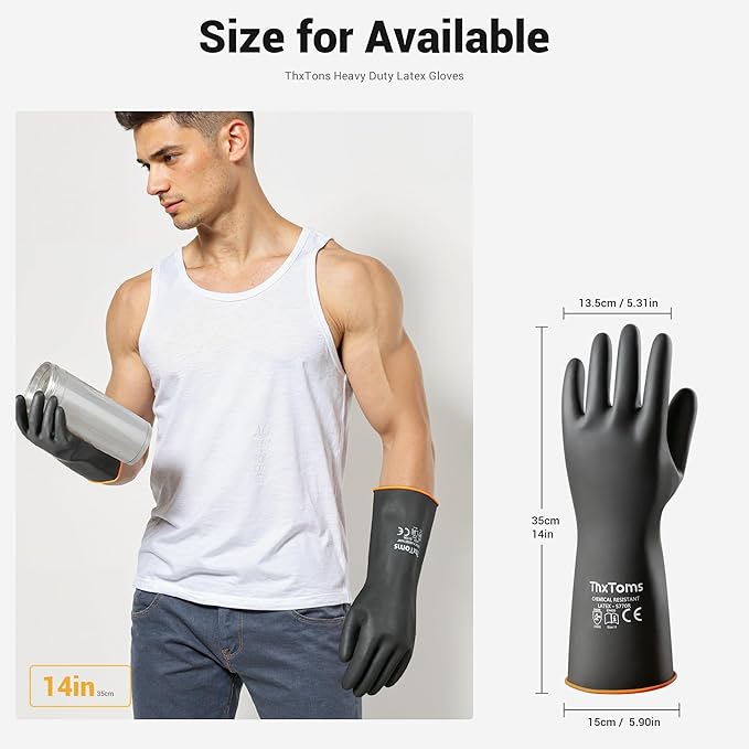 ThxToms Heavy Duty Latex Gloves,Long Rubber Gloves, Chemical Resistant Gloves,Puncture Resistant, Resist Acid,Oil,Alkali, Waterproof for Industrial Cleaning, Gardening,14", 1 Pair