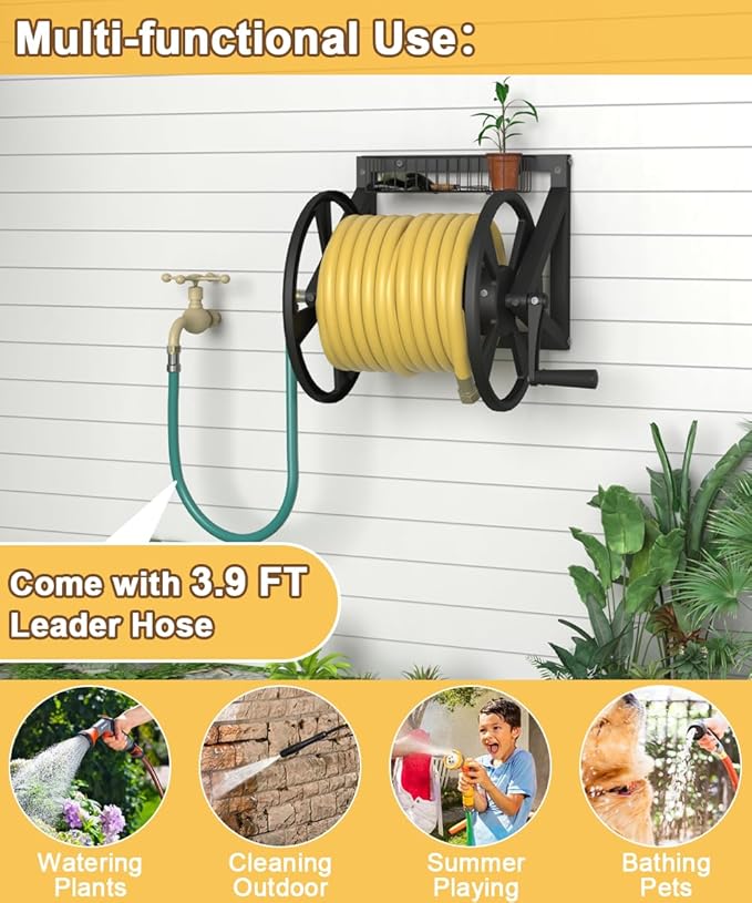 Triangle Wall Mounted Garden Hose Reel, Outdoor Heavy-Duty Water Hoses Holder Winder, Holds 125 Ft of 5/8-Inch Hose, with 3.9 ft Leader Hose, Brass Fitting, Storage Basket for Yard, Black
