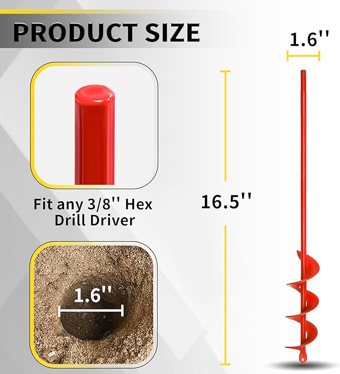 Auger Drill Bit for Planting 1.6"x16.5" Garden Spiral Drill Bit,Heavy-Duty Bulb Auger, Post Hole Digger for 3/8” Hex Driver Drill Solid Shaft