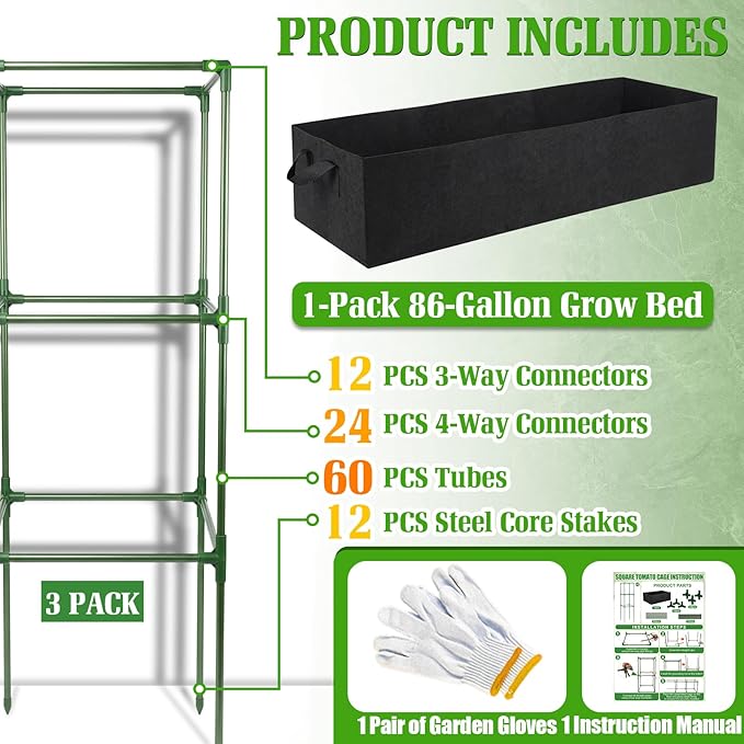 BobbleT Tomato Cages with Fabric Raised Garden Bed - 3 Pack 41" Adjustable Heavy Duty Square Trellis Supports with 86 Gallon Grow Bag, Reusable Outdoor Planter Kit for Tomatoes & Climbing Plants