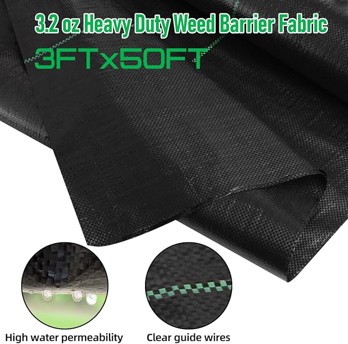3FT x 50FT Weed Barrier Landscape Fabric Heavy Duty, 3.2oz Premium Garden Ground Cover Mat for Weed Control, Gardening, Plant Beds and Farming