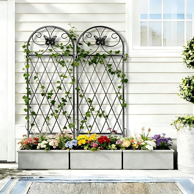 4 Pack Black Garden Trellis for Climbing Plants Outdoor 47” x 16” Climbing Rose Trellis Wrought Iron Trellis Ivy Cucumbers Decorative Metal Flat Trellis