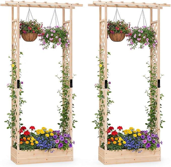 HAPPYGRILL 89" Raised Garden Bed with Trellis & Hanging Roof, Wooden Planter Box with 4 Drainage Holes, Outdoor Wood Elevated Garden Bed for Climbing Plants Vines Vegetables Flowers (Natural,2)