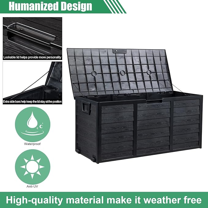 VINGLI 75 Gallon Resin Outdoor Deck Box, 75 Gallon Patio Storage Box with Side Handles, Lockable Storage Containers for Patio Furniture Cushions, Pool Accessories, Garden Tools, Full Black