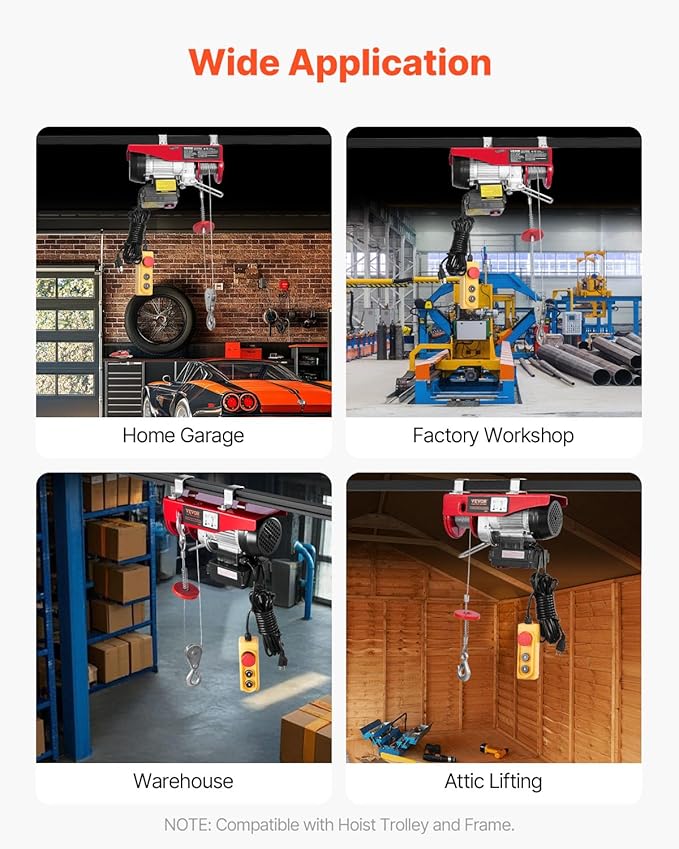 VEVOR Electric Hoist, 440 lbs 120V Electric Winch with 328 ft Wireless & 14 ft Wired Remote Control, 40 ft Single Cable Lifting Height, Single/Double Slings, Lift Hoist for Garage Warehouse Factory