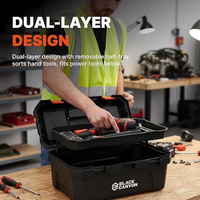 Black Canyon 17 Inch Plastic Tool Box, Support up to 44 lbs,Dual-Layer Design, Flexible for Stacking, Top-Lid Storage, Ideal for DIY, Workshop