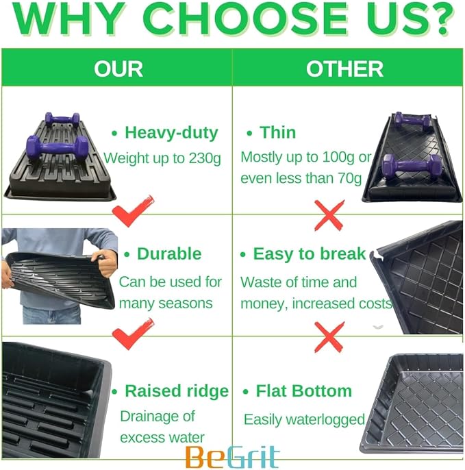 BeGrit 1020 Trays Thickened Nursery Plant Trays Seedling Tray Seed Starter Tray Microgreen Growing Tray No Drain Holes -6 Pack
